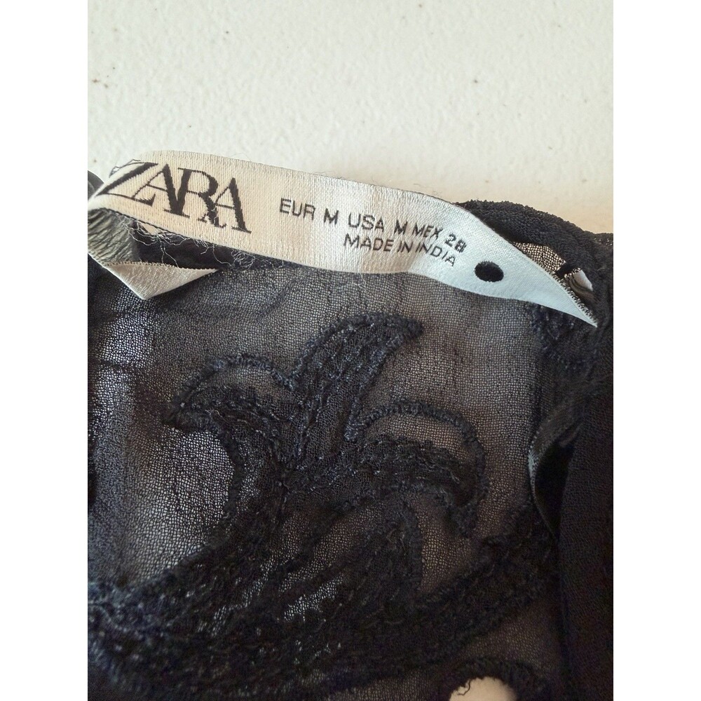 Zara ZW Collection Black Embroidered Beaded Blouse M Chiffon Sequin Crop Top - Picture 5 of 11